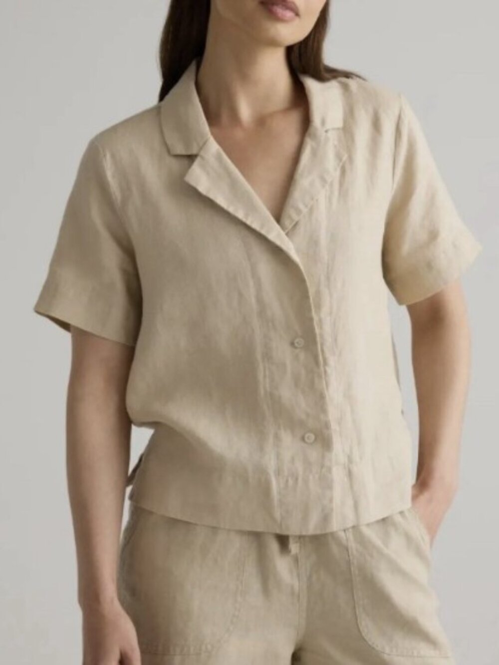 Quince women tan button down 100% linen short sleeve shirt Size M
